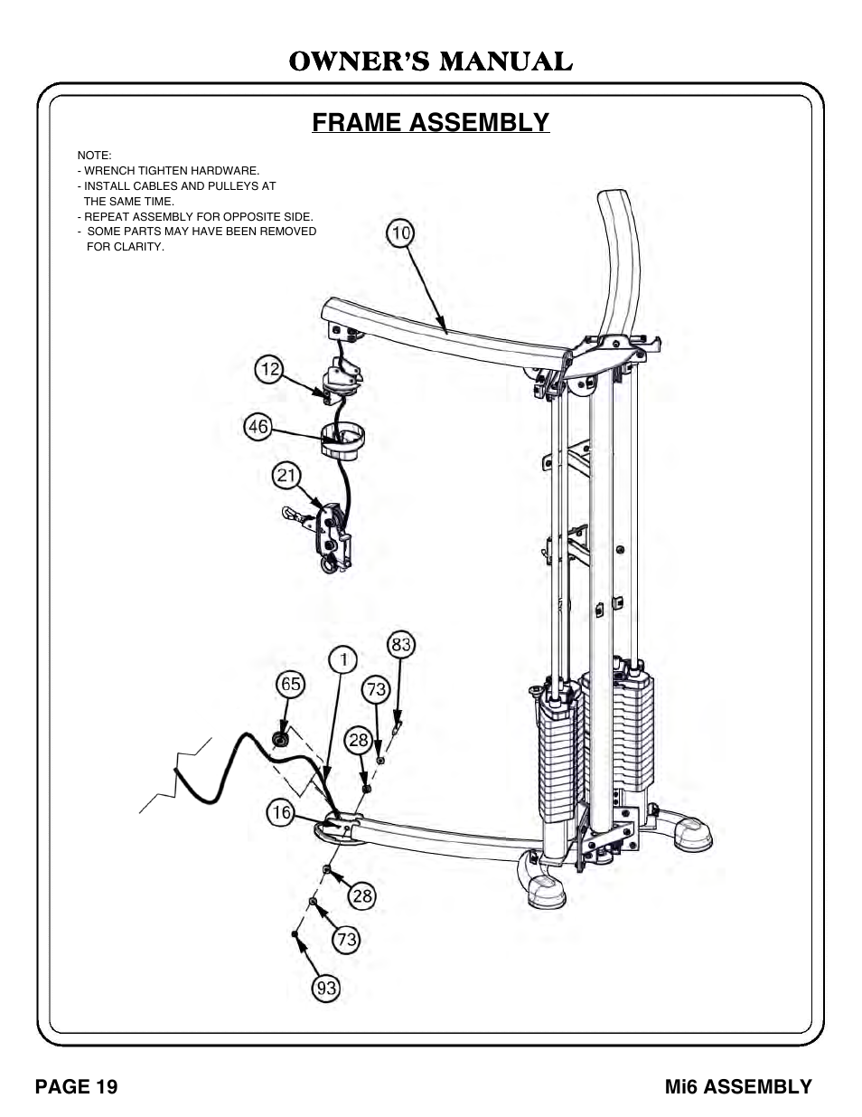 Owner’s manual frame assembly | Hoist Fitness Mi6 User Manual | Page 20 / 79