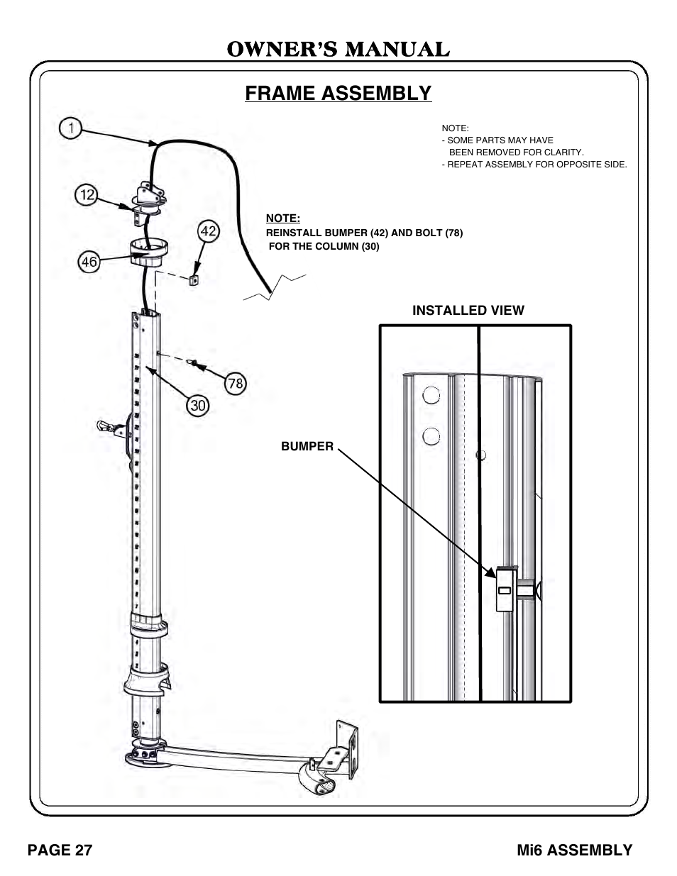 Owner’s manual frame assembly | Hoist Fitness Mi6 User Manual | Page 28 / 79