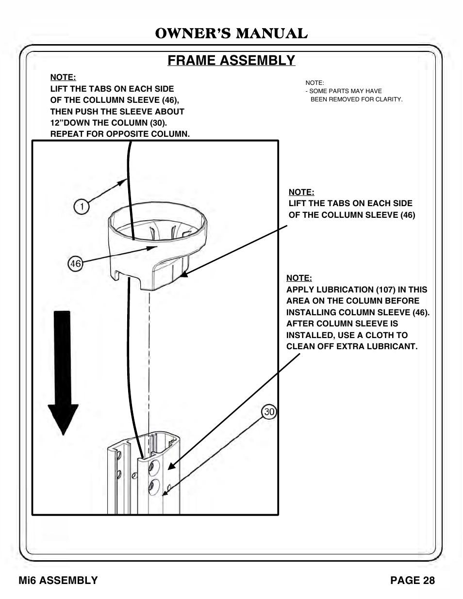 Owner’s manual frame assembly | Hoist Fitness Mi6 User Manual | Page 29 / 79