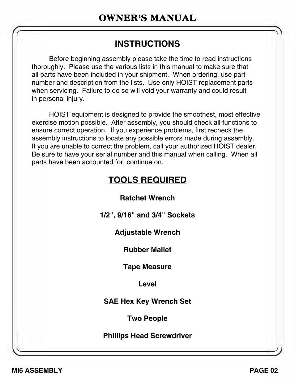 Owner’s manual instructions, Tools required | Hoist Fitness Mi6 User Manual | Page 3 / 79