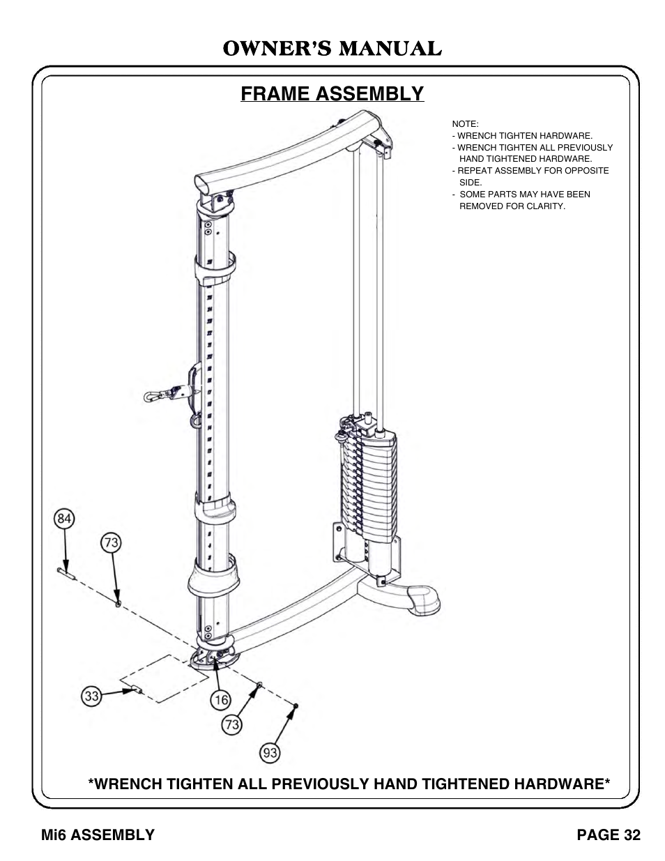 Owner’s manual, Frame assembly | Hoist Fitness Mi6 User Manual | Page 33 / 79