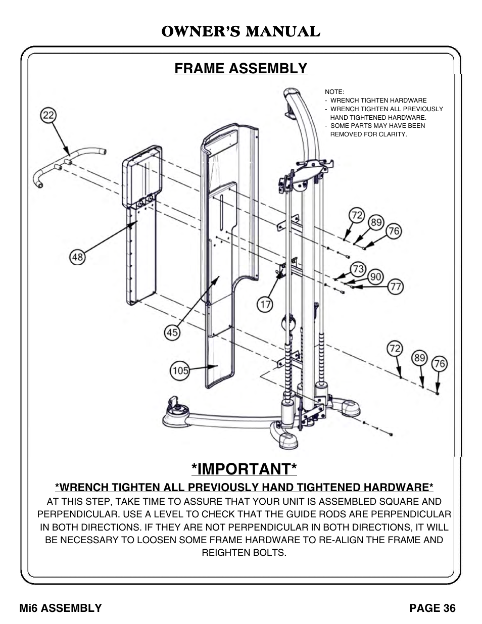 Important, Owner’s manual, Frame assembly | Hoist Fitness Mi6 User Manual | Page 37 / 79