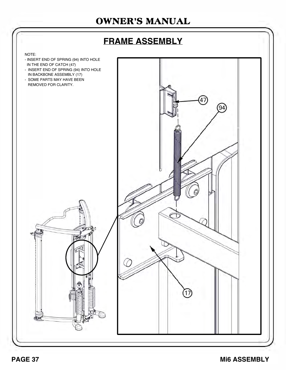 Owner’s manual frame assembly | Hoist Fitness Mi6 User Manual | Page 38 / 79