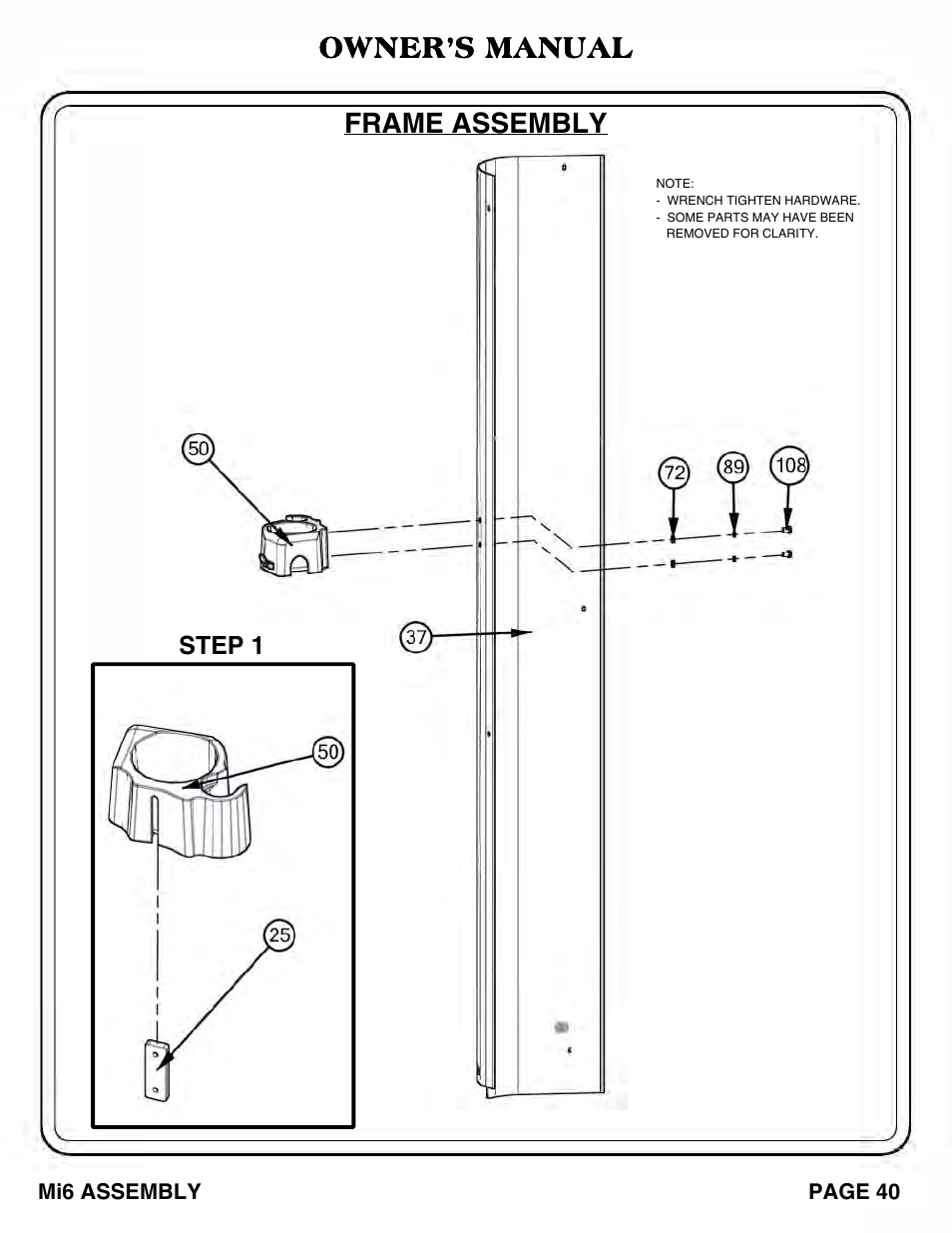 Owner’s manual frame assembly, Step 1 | Hoist Fitness Mi6 User Manual | Page 41 / 79