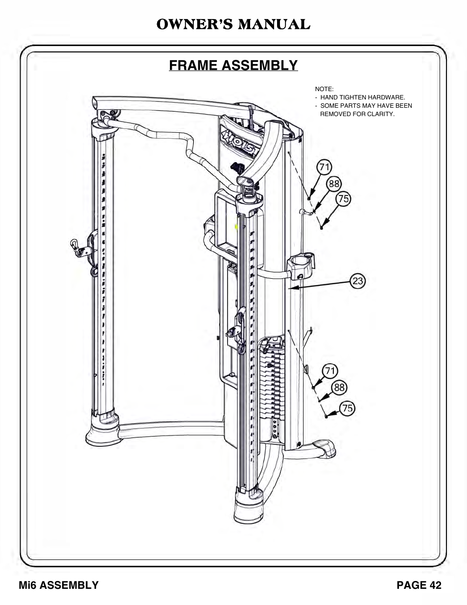 Owner’s manual frame assembly | Hoist Fitness Mi6 User Manual | Page 43 / 79