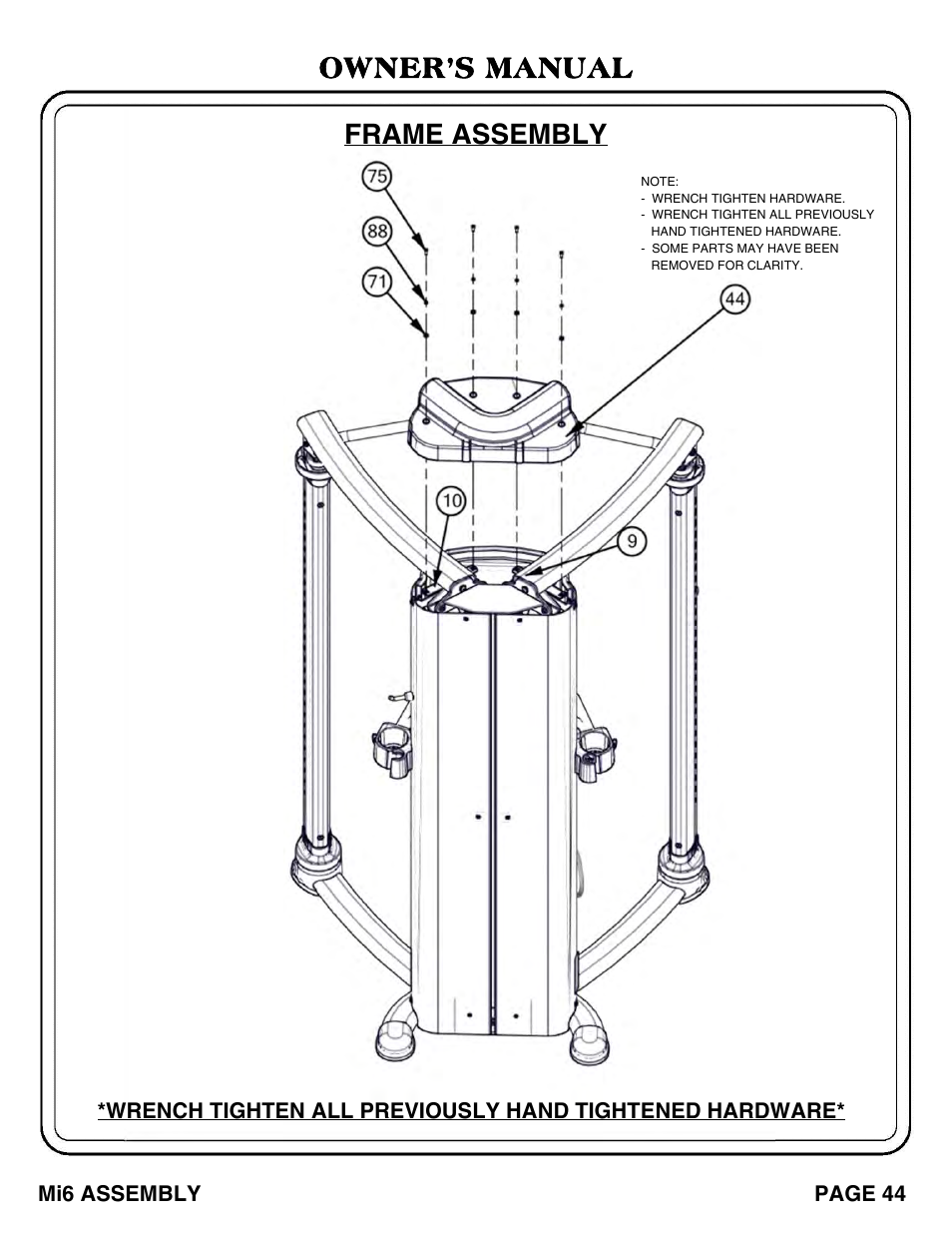 Owner’s manual frame assembly | Hoist Fitness Mi6 User Manual | Page 45 / 79