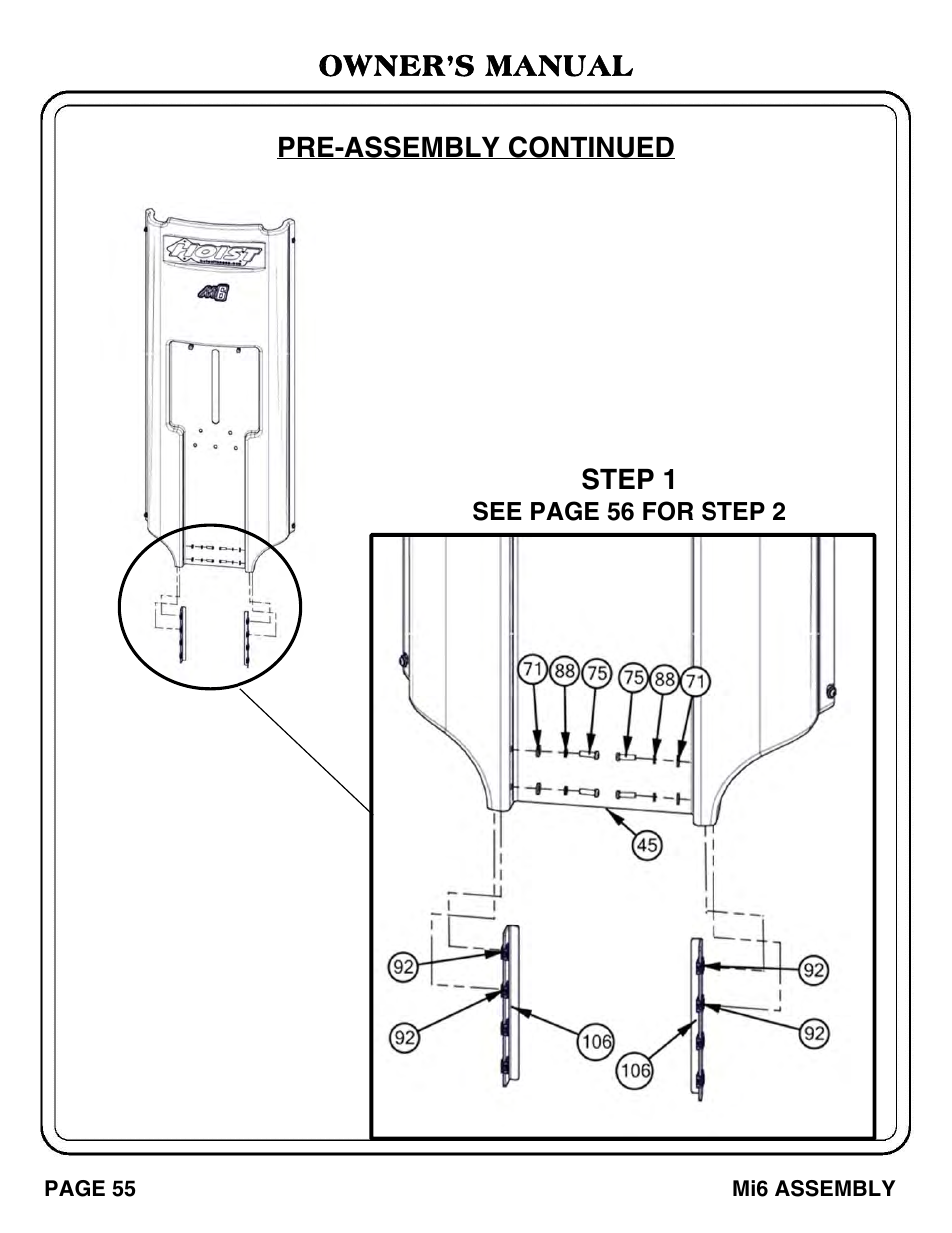 Pre-assembly continued owner’s manual step 1 | Hoist Fitness Mi6 User Manual | Page 56 / 79