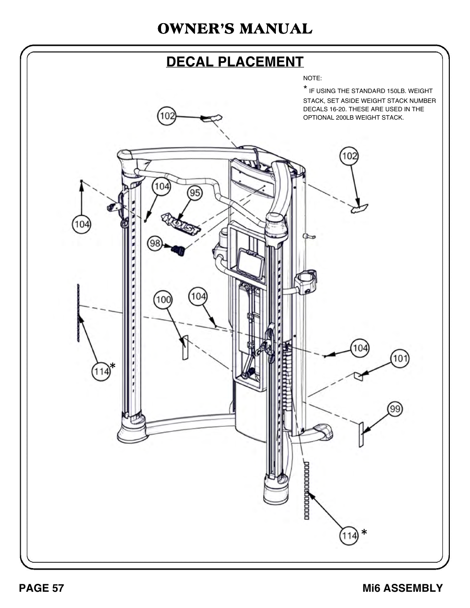 Owner’s manual decal placement | Hoist Fitness Mi6 User Manual | Page 58 / 79