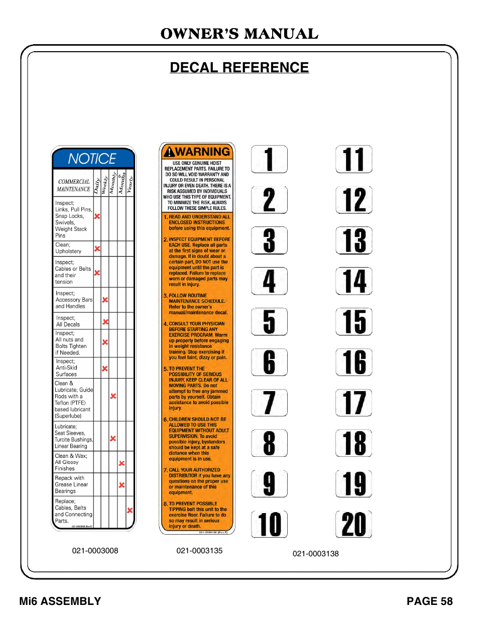 Decal reference owner’s manual | Hoist Fitness Mi6 User Manual | Page 59 / 79