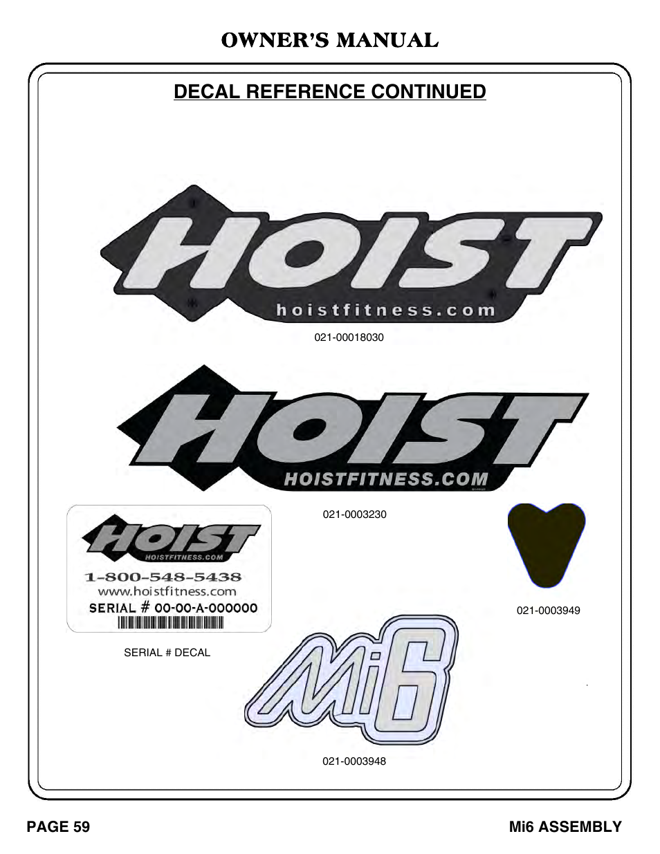 Owner’s manual decal reference continued | Hoist Fitness Mi6 User Manual | Page 60 / 79