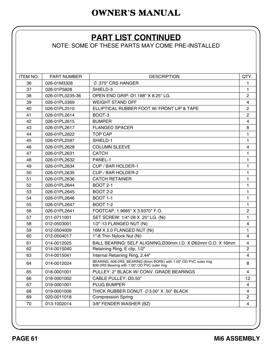 Part list continued owner's manual, Mi6 assembly page 61 | Hoist Fitness Mi6 User Manual | Page 62 / 79