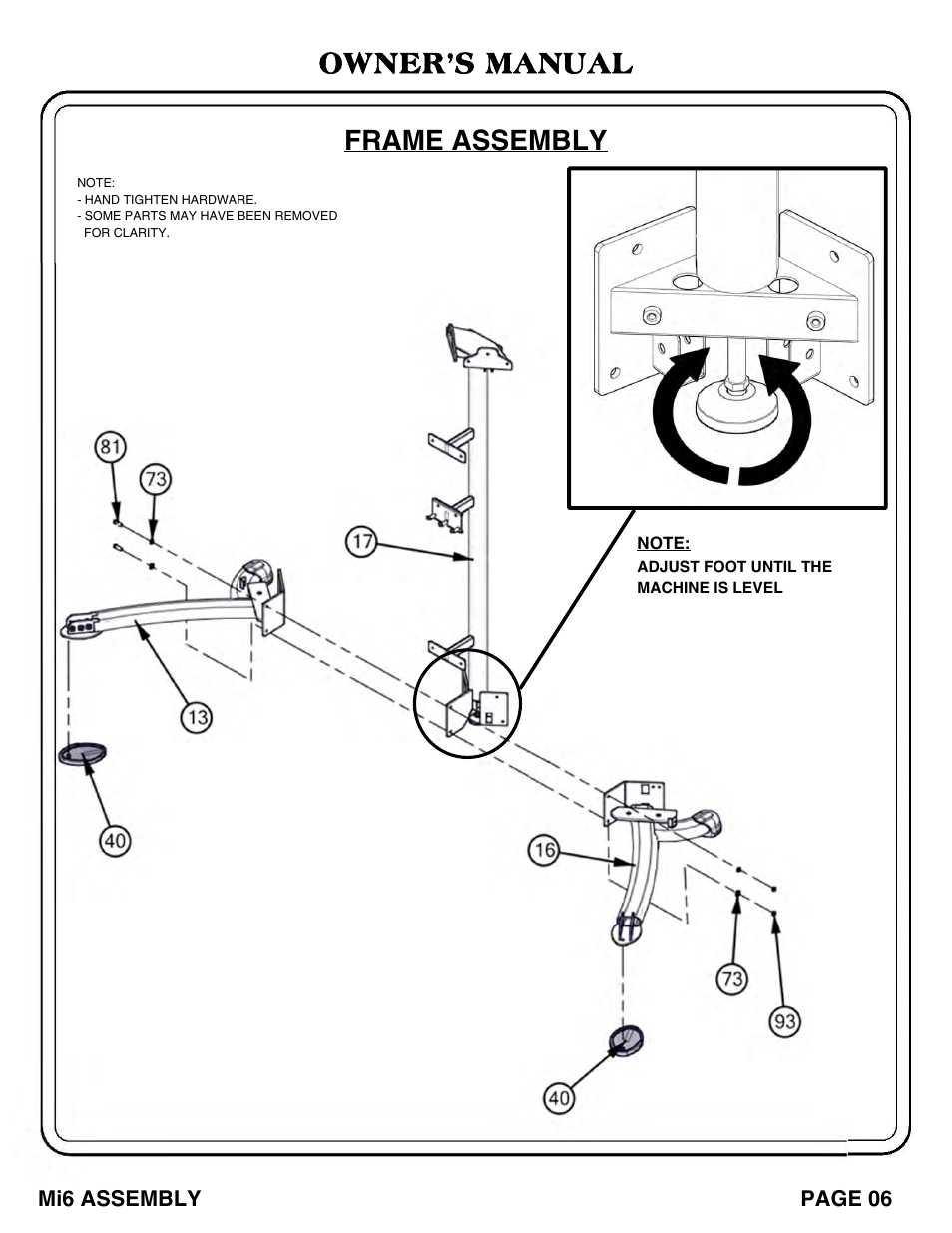 Owner’s manual frame assembly | Hoist Fitness Mi6 User Manual | Page 7 / 79