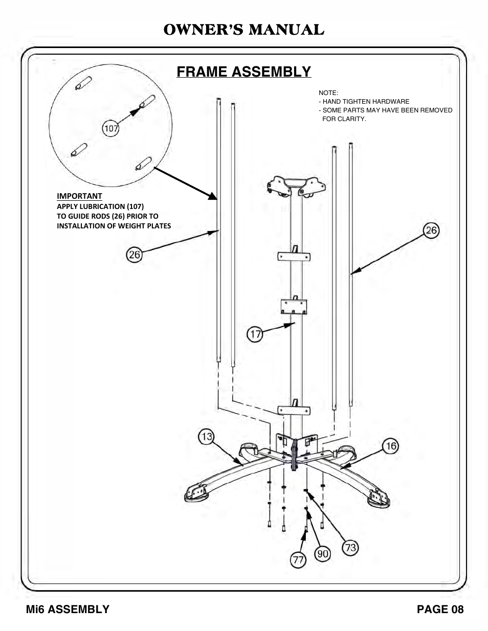 Owner’s manual frame assembly | Hoist Fitness Mi6 User Manual | Page 9 / 79