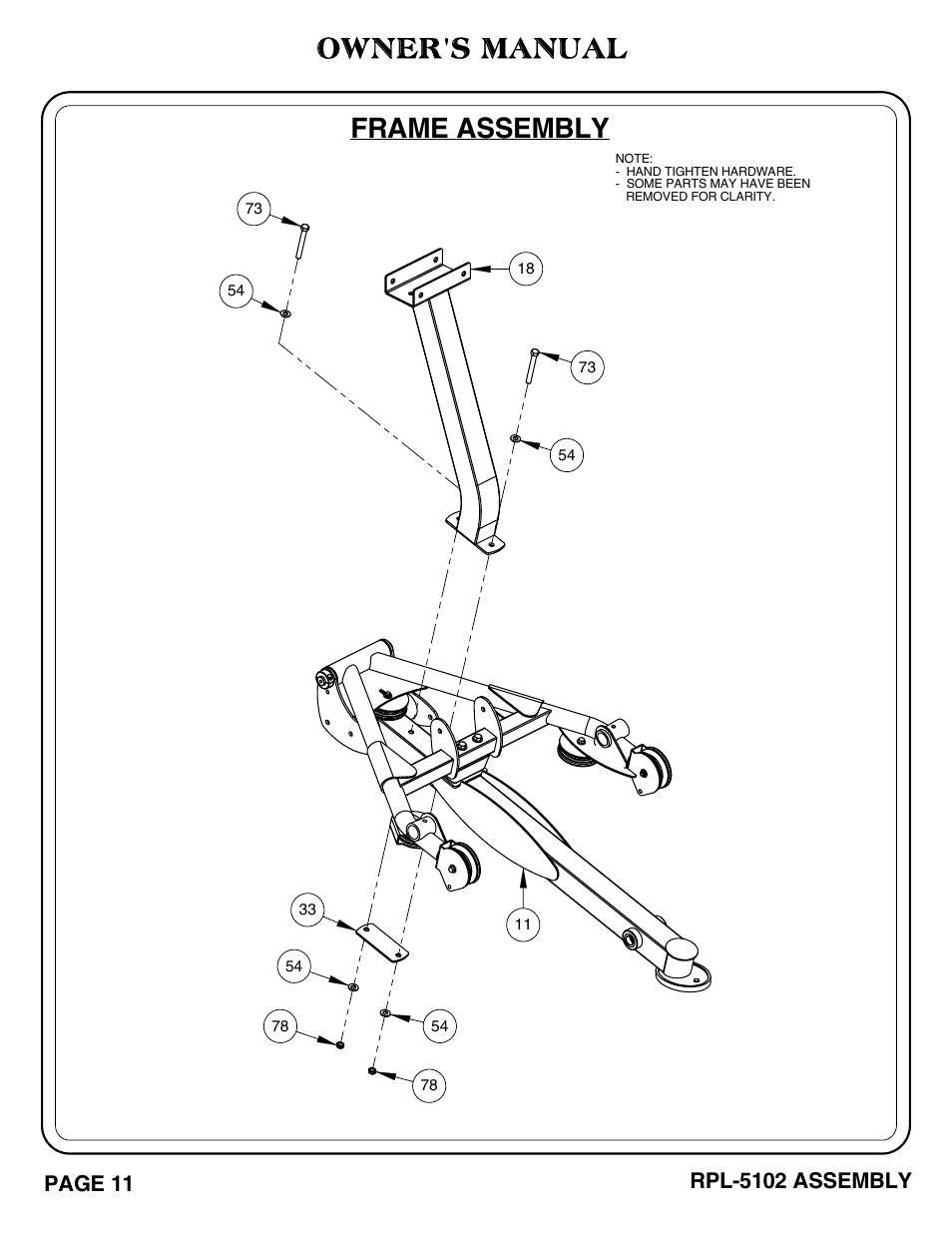 Owner's manual, Frame assembly, Rpl-5102 assembly | Page 11 | Hoist Fitness RPL-5102 User Manual | Page 12 / 50