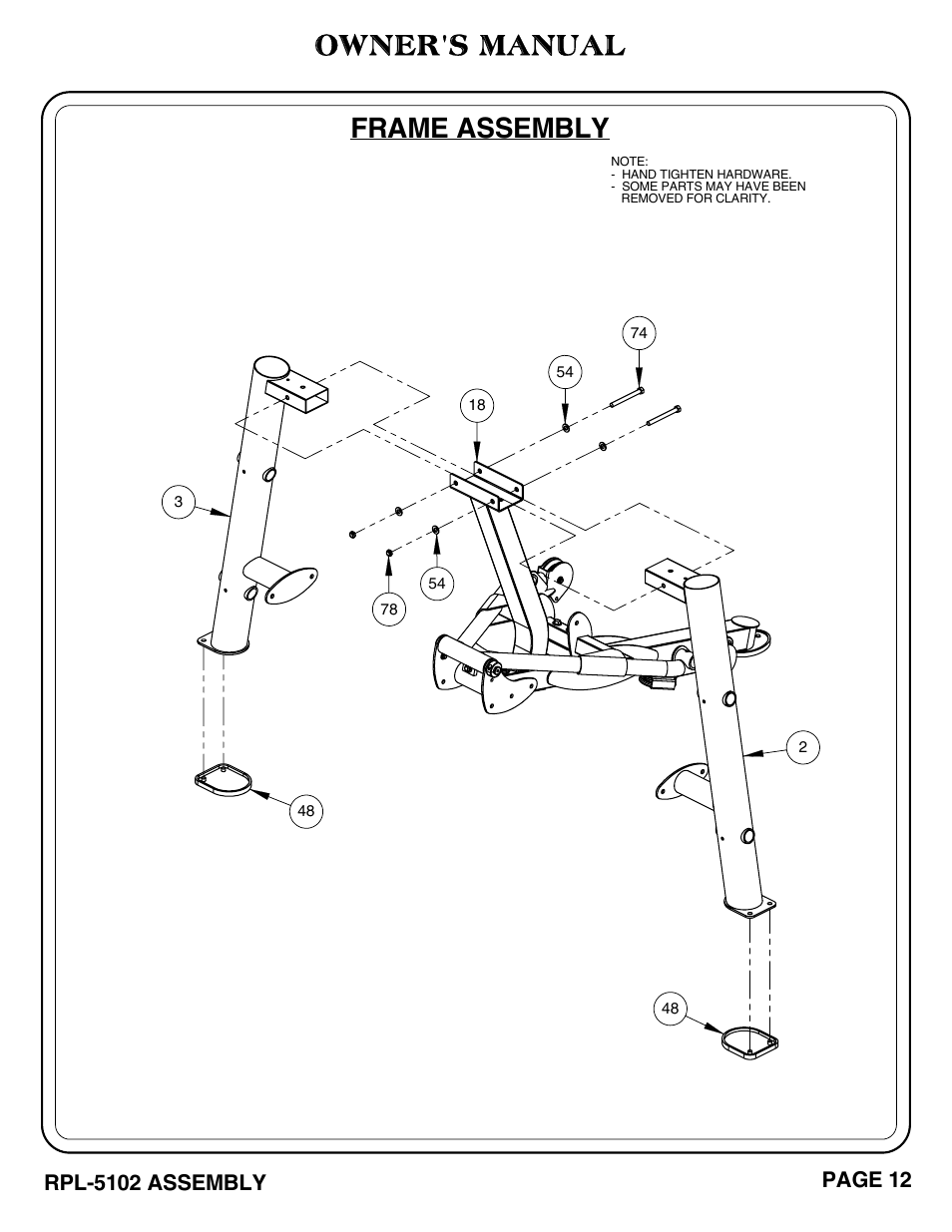 Owner's manual, Frame assembly, Rpl-5102 assembly | Page 12 | Hoist Fitness RPL-5102 User Manual | Page 13 / 50