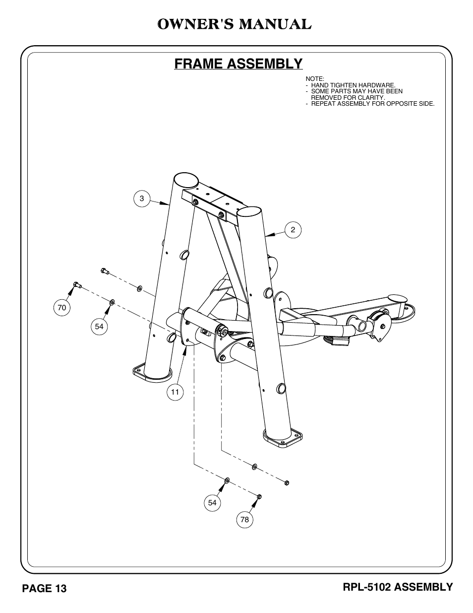 Owner's manual, Frame assembly, Page 13 | Rpl-5102 assembly | Hoist Fitness RPL-5102 User Manual | Page 14 / 50