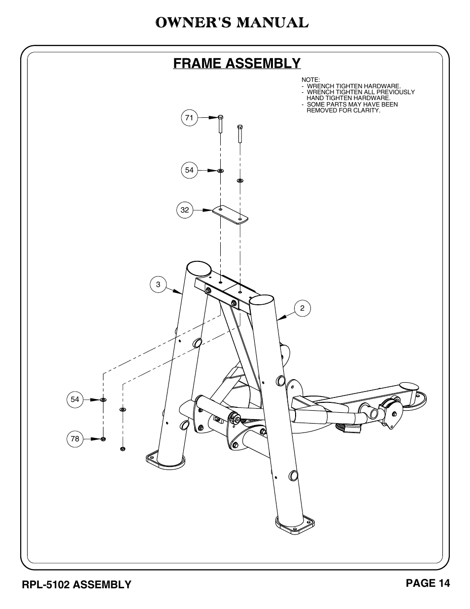 Owner's manual, Frame assembly, Rpl-5102 assembly | Page 14 | Hoist Fitness RPL-5102 User Manual | Page 15 / 50