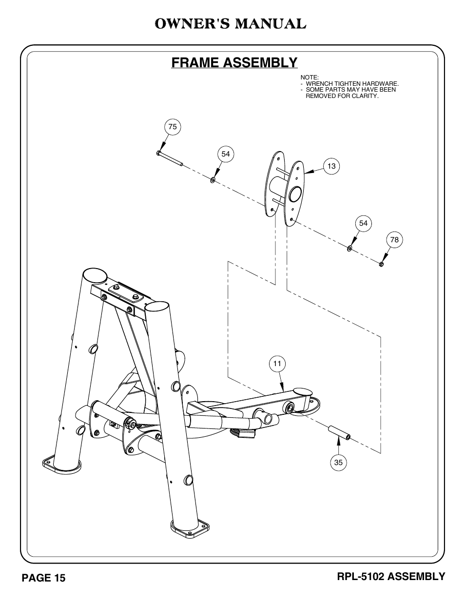 Owner's manual, Frame assembly, Page 15 | Rpl-5102 assembly | Hoist Fitness RPL-5102 User Manual | Page 16 / 50