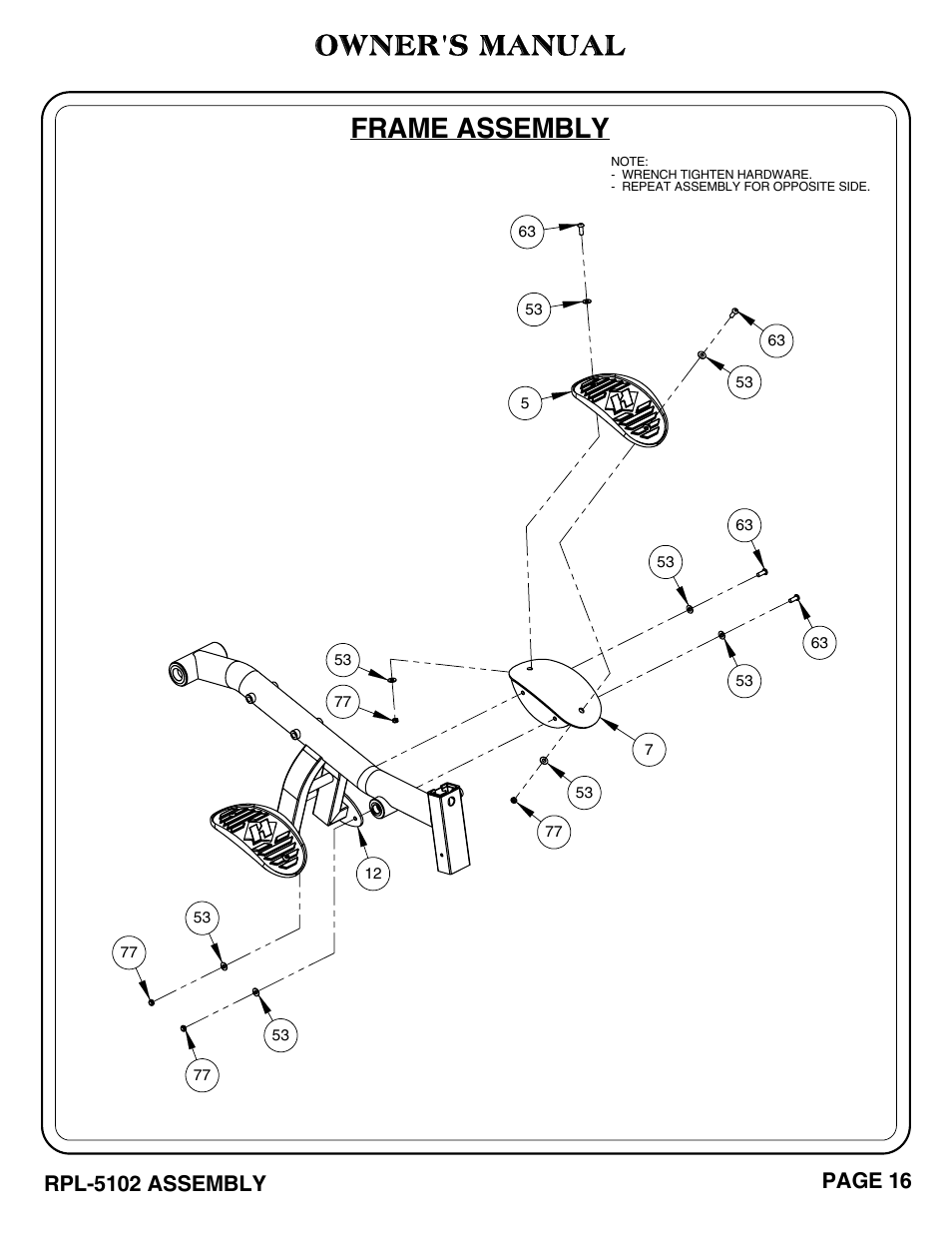 Frame assembly, Owner's manual, Rpl-5102 assembly | Page 16 | Hoist Fitness RPL-5102 User Manual | Page 17 / 50
