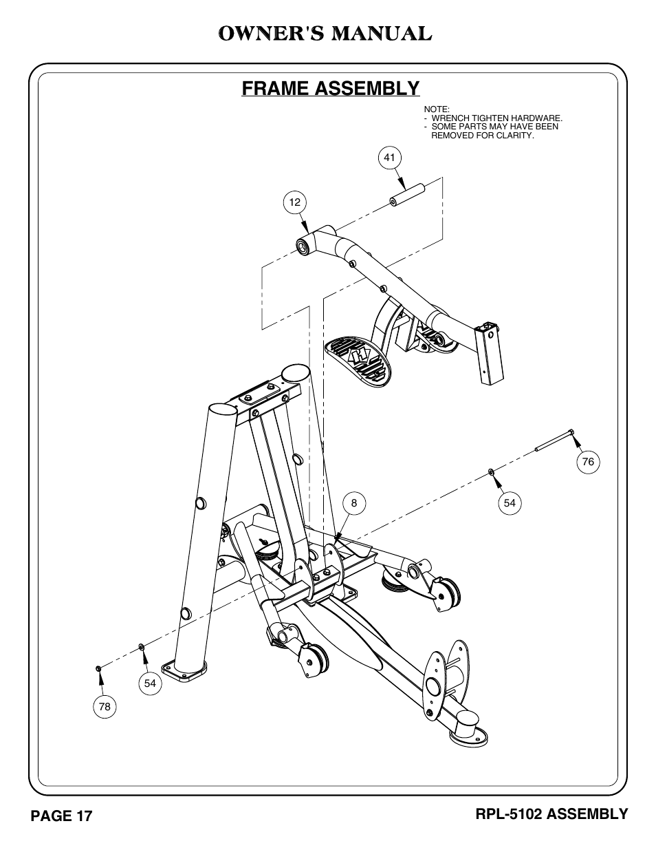 Frame assembly, Owner's manual, Rpl-5102 assembly | Page 17 | Hoist Fitness RPL-5102 User Manual | Page 18 / 50