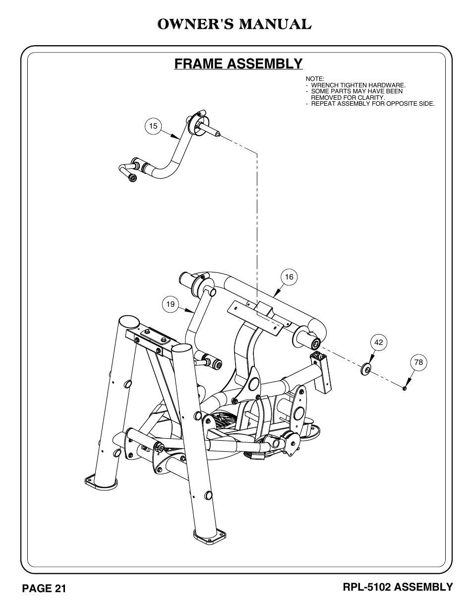 Owner's manual, Frame assembly, Page 21 | Rpl-5102 assembly | Hoist Fitness RPL-5102 User Manual | Page 22 / 50