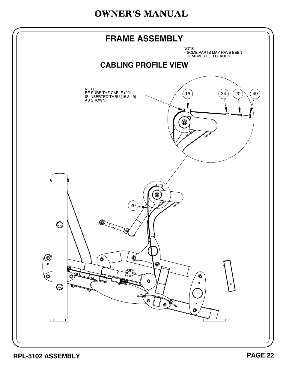 Owner's manual, Frame assembly, Cabling profile view | Page 22, Rpl-5102 assembly | Hoist Fitness RPL-5102 User Manual | Page 23 / 50