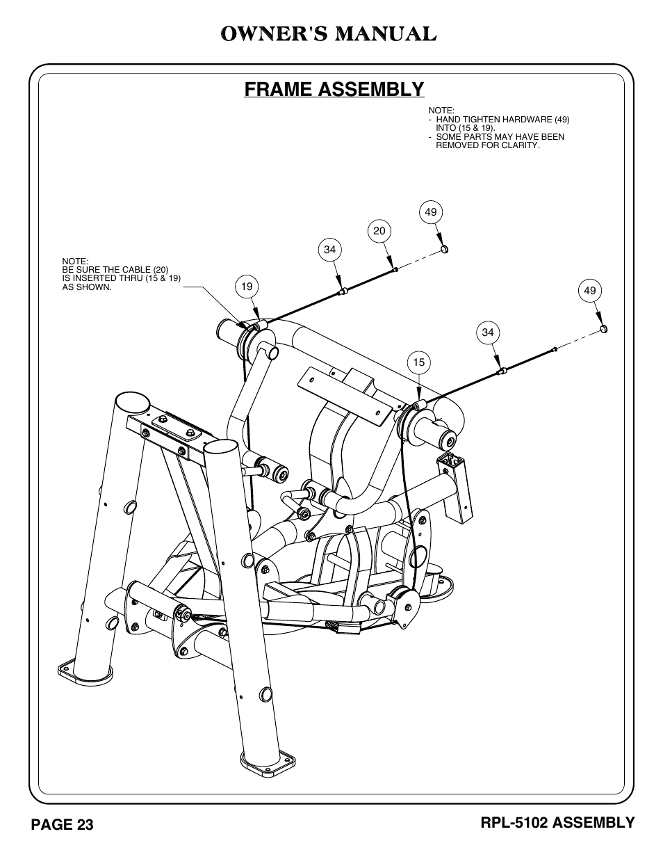 Frame assembly, Owner's manual, Rpl-5102 assembly | Page 23 | Hoist Fitness RPL-5102 User Manual | Page 24 / 50