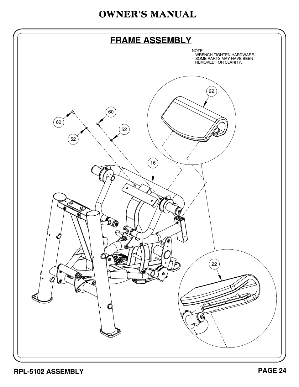 Owner's manual, Frame assembly, Rpl-5102 assembly | Page 24 | Hoist Fitness RPL-5102 User Manual | Page 25 / 50