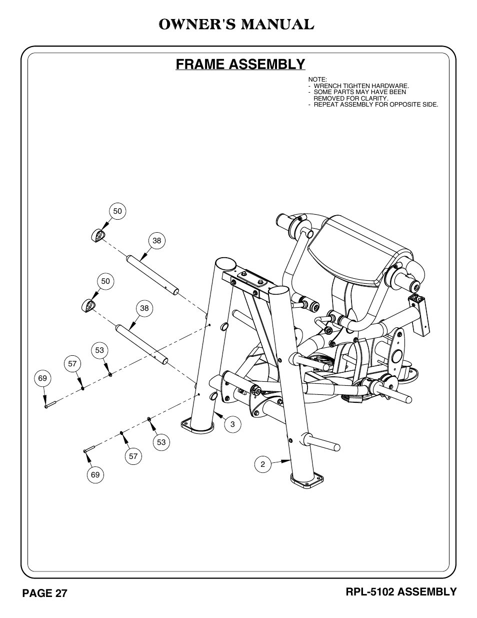 Owner's manual, Frame assembly, Page 27 | Rpl-5102 assembly | Hoist Fitness RPL-5102 User Manual | Page 28 / 50