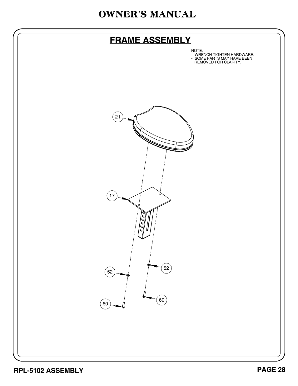 Owner's manual, Frame assembly, Rpl-5102 assembly | Page 28 | Hoist Fitness RPL-5102 User Manual | Page 29 / 50