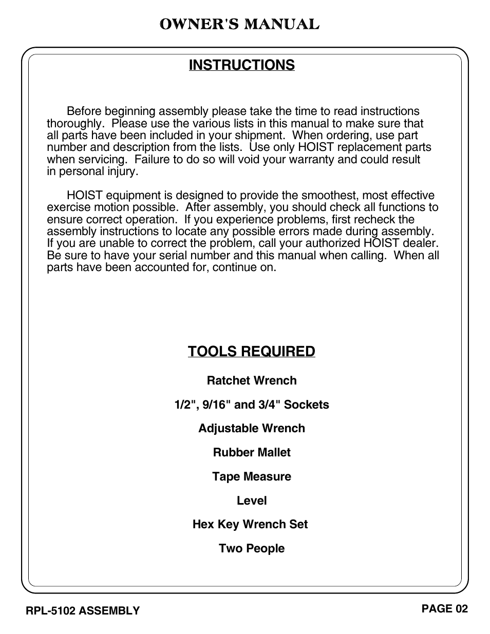 Owner's manual, Instructions, Tools required | Hoist Fitness RPL-5102 User Manual | Page 3 / 50