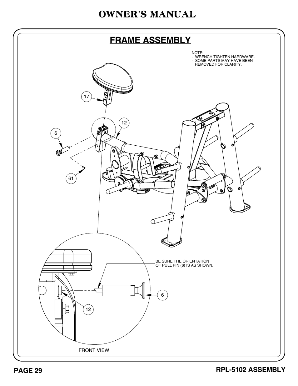 Frame assembly, Owner's manual, Page 29 | Rpl-5102 assembly | Hoist Fitness RPL-5102 User Manual | Page 30 / 50