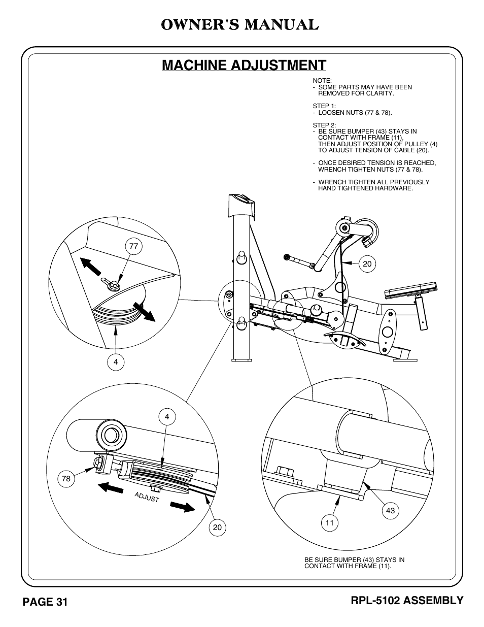 Machine adjustment, Owner's manual, Rpl-5102 assembly | Page 31 | Hoist Fitness RPL-5102 User Manual | Page 32 / 50