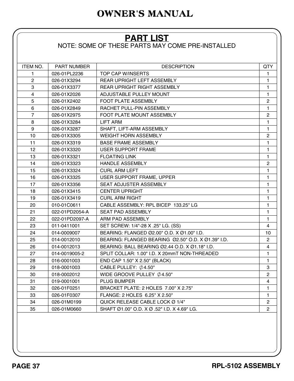 Owner's manual, Part list | Hoist Fitness RPL-5102 User Manual | Page 38 / 50