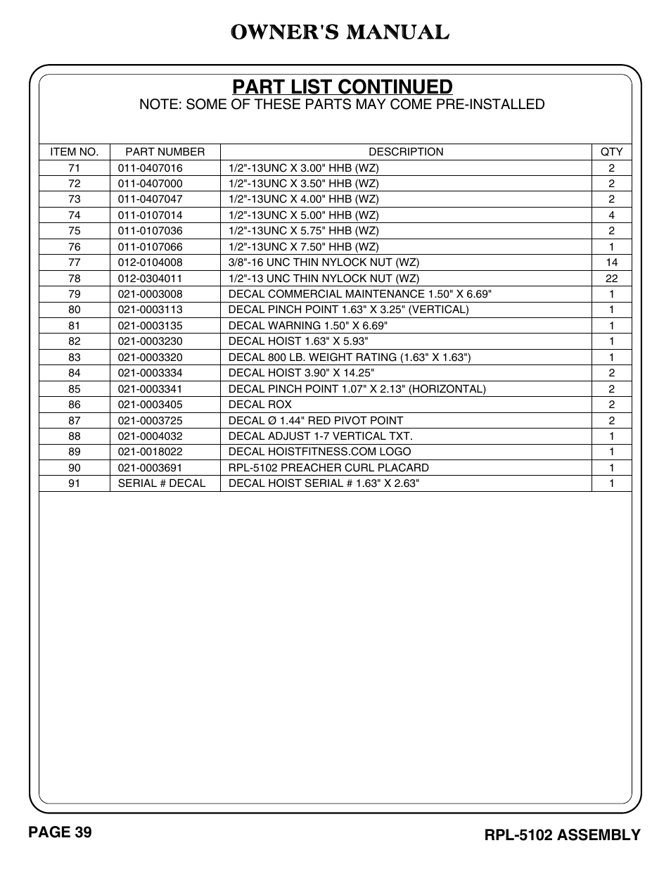 Owner's manual, Part list continued | Hoist Fitness RPL-5102 User Manual | Page 40 / 50