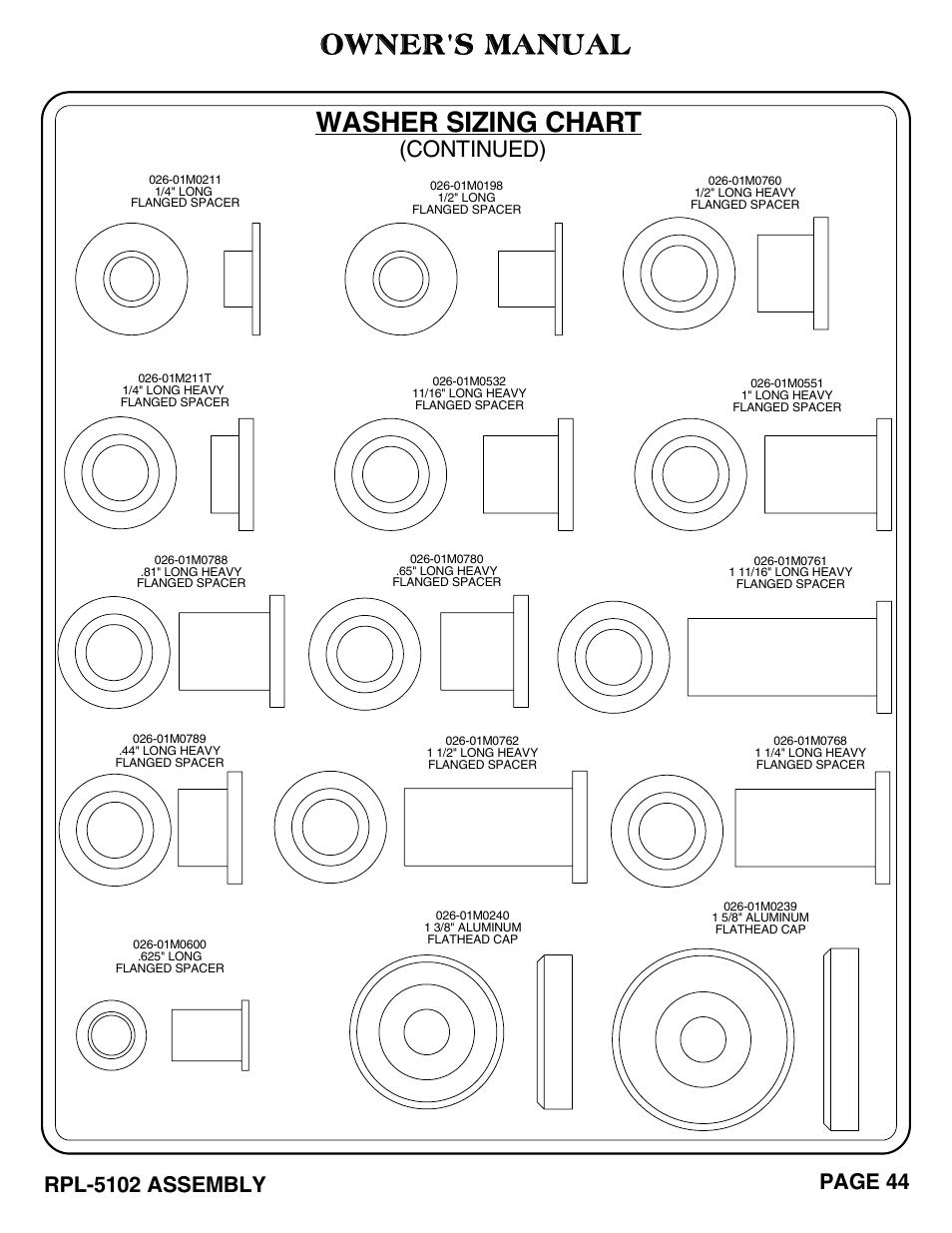 Owner's manual, Washer sizing chart, Continued) | Hoist Fitness RPL-5102 User Manual | Page 45 / 50