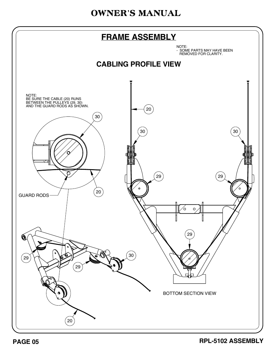 Owner's manual frame assembly, Cabling profile view, Page 05 | Rpl-5102 assembly | Hoist Fitness RPL-5102 User Manual | Page 6 / 50