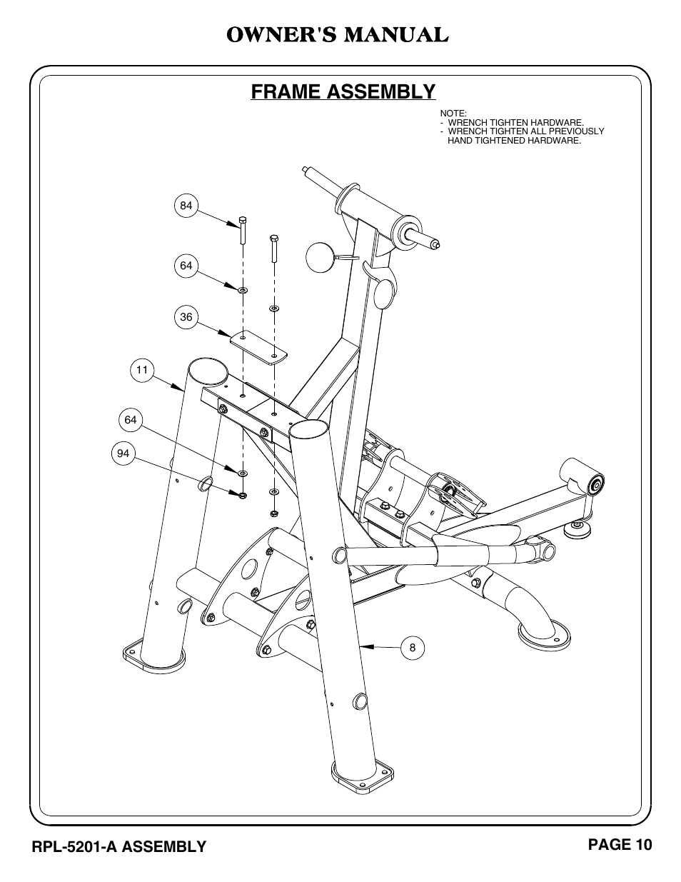 Frame assembly, Owner's manual | Hoist Fitness RPL-5201-A User Manual | Page 11 / 43