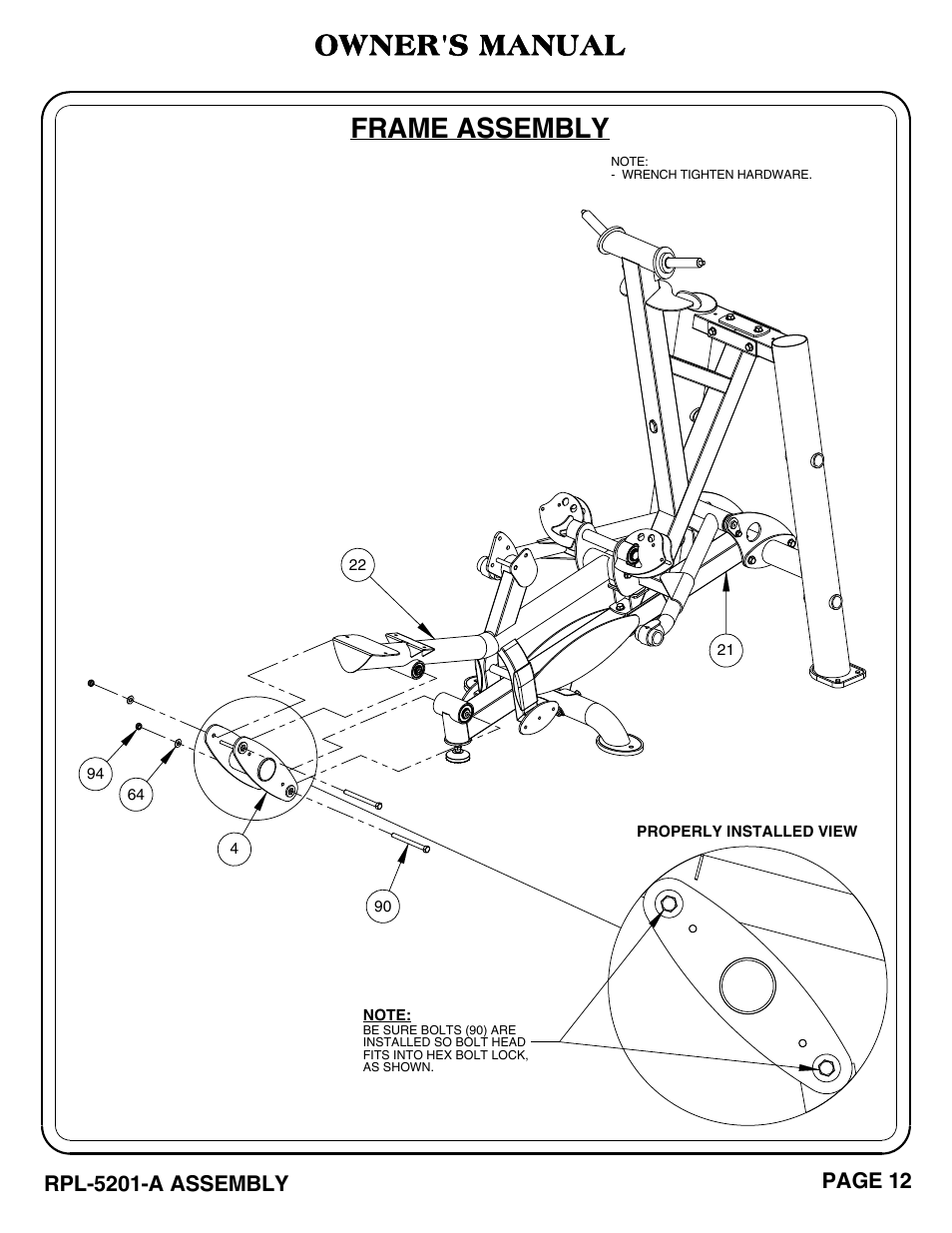 Frame assembly, Owner's manual, Rpl-5201-a assembly | Page 12 | Hoist Fitness RPL-5201-A User Manual | Page 13 / 43