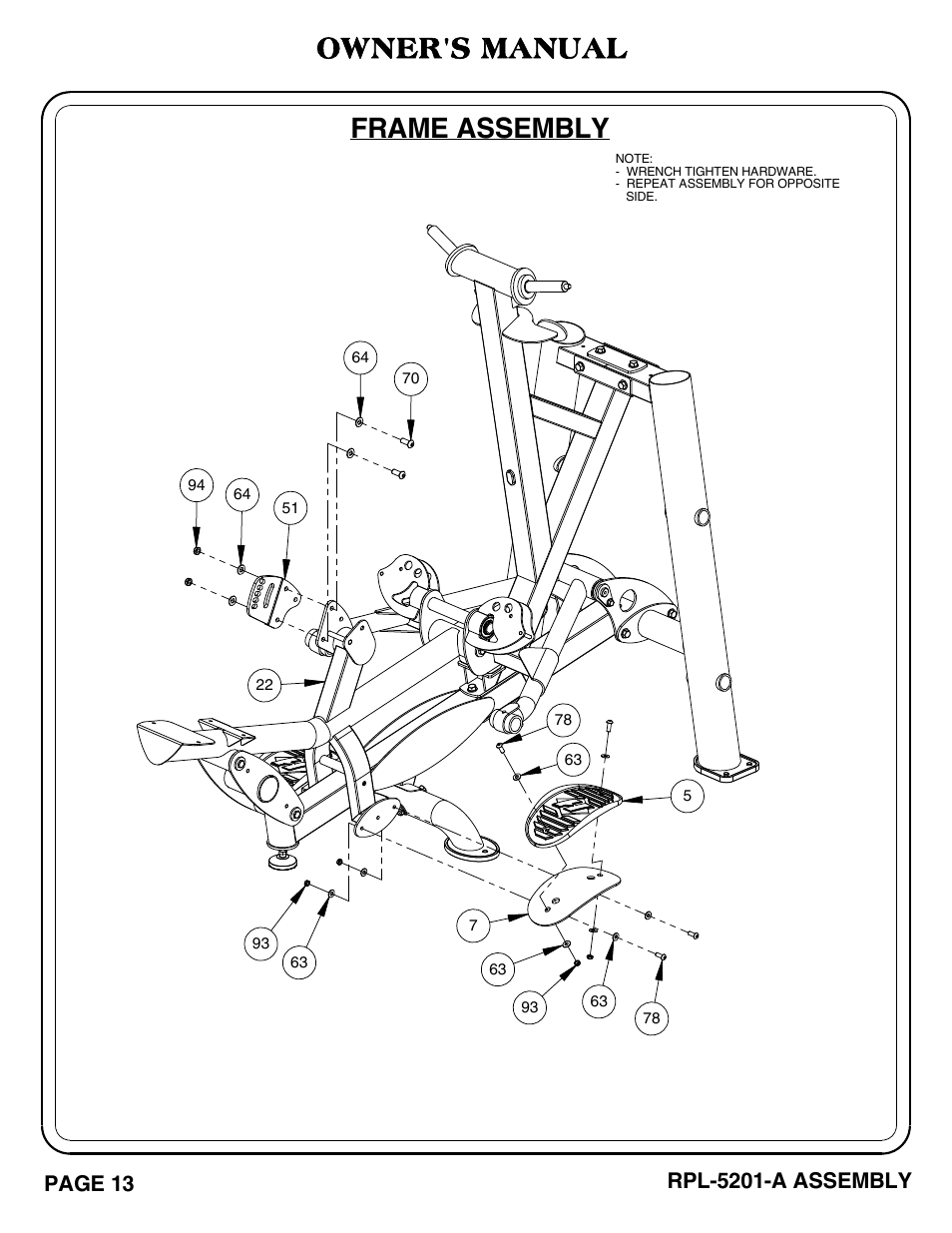 Frame assembly, Owner's manual, Page 13 | Rpl-5201-a assembly | Hoist Fitness RPL-5201-A User Manual | Page 14 / 43