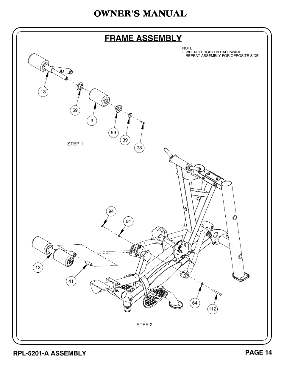 Frame assembly, Owner's manual, Rpl-5201-a assembly | Page 14 | Hoist Fitness RPL-5201-A User Manual | Page 15 / 43