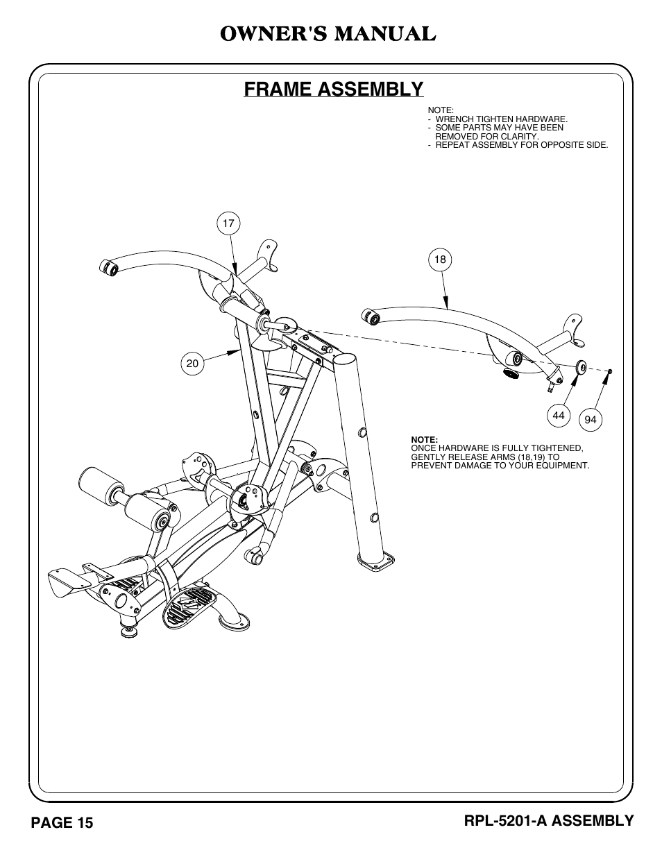 Frame assembly, Owner's manual, Page 15 | Rpl-5201-a assembly | Hoist Fitness RPL-5201-A User Manual | Page 16 / 43