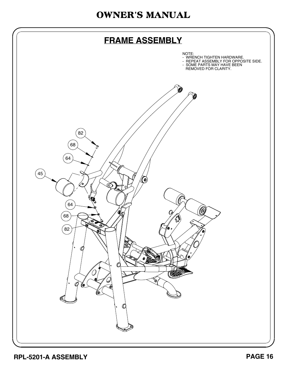 Owner's manual, Frame assembly | Hoist Fitness RPL-5201-A User Manual | Page 17 / 43