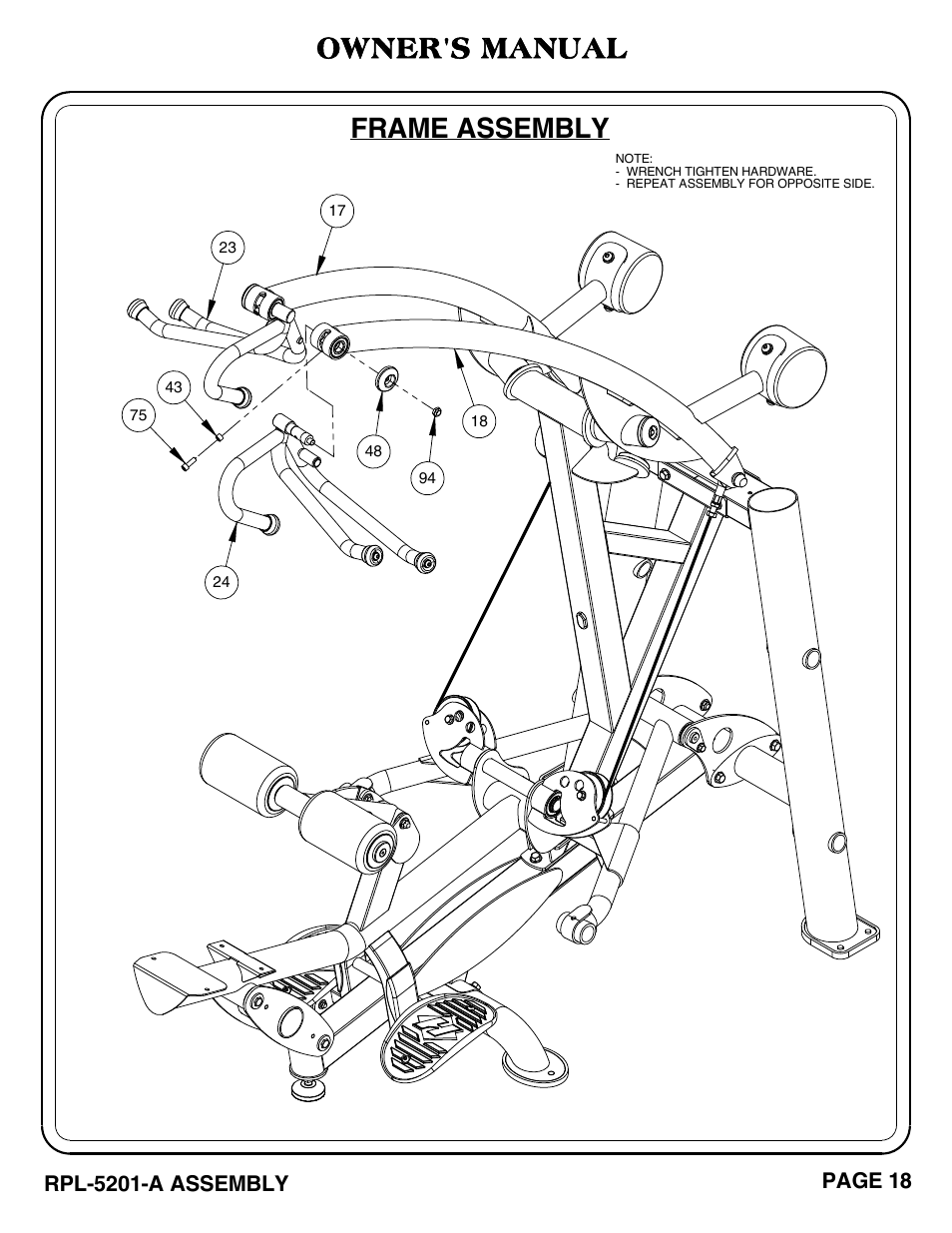 Frame assembly, Owner's manual, Rpl-5201-a assembly | Page 18 | Hoist Fitness RPL-5201-A User Manual | Page 19 / 43