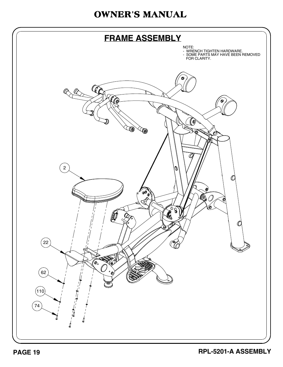 Frame assembly, Owner's manual | Hoist Fitness RPL-5201-A User Manual | Page 20 / 43