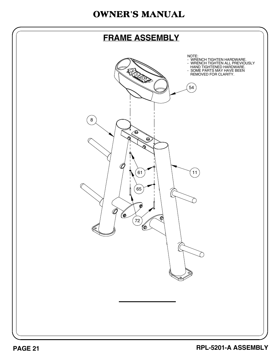 Important, Frame assembly, Owner's manual | Hoist Fitness RPL-5201-A User Manual | Page 22 / 43