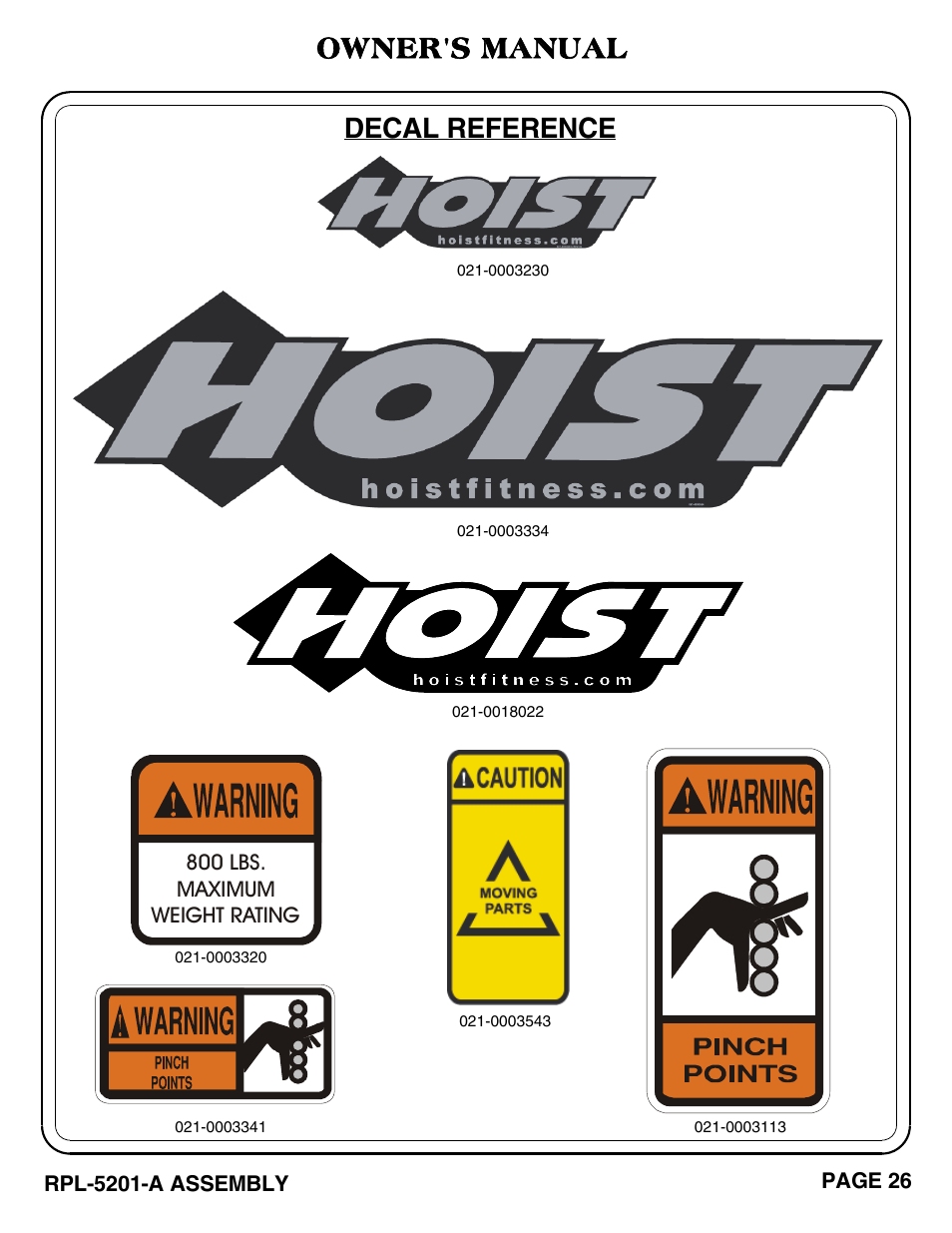 Decal reference owner's manual | Hoist Fitness RPL-5201-A User Manual | Page 27 / 43