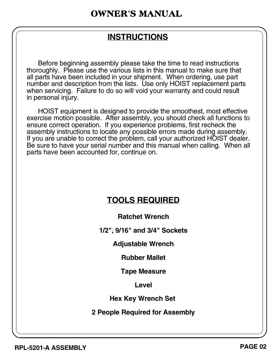 Owner's manual, Instructions, Tools required | Hoist Fitness RPL-5201-A User Manual | Page 3 / 43