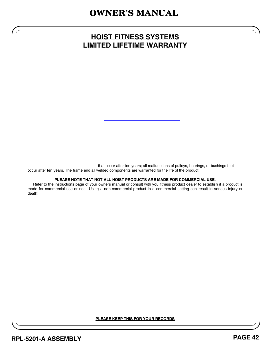 Owner's manual, Hoist fitness systems limited lifetime warranty, Page 42 | Rpl-5201-a assembly | Hoist Fitness RPL-5201-A User Manual | Page 43 / 43