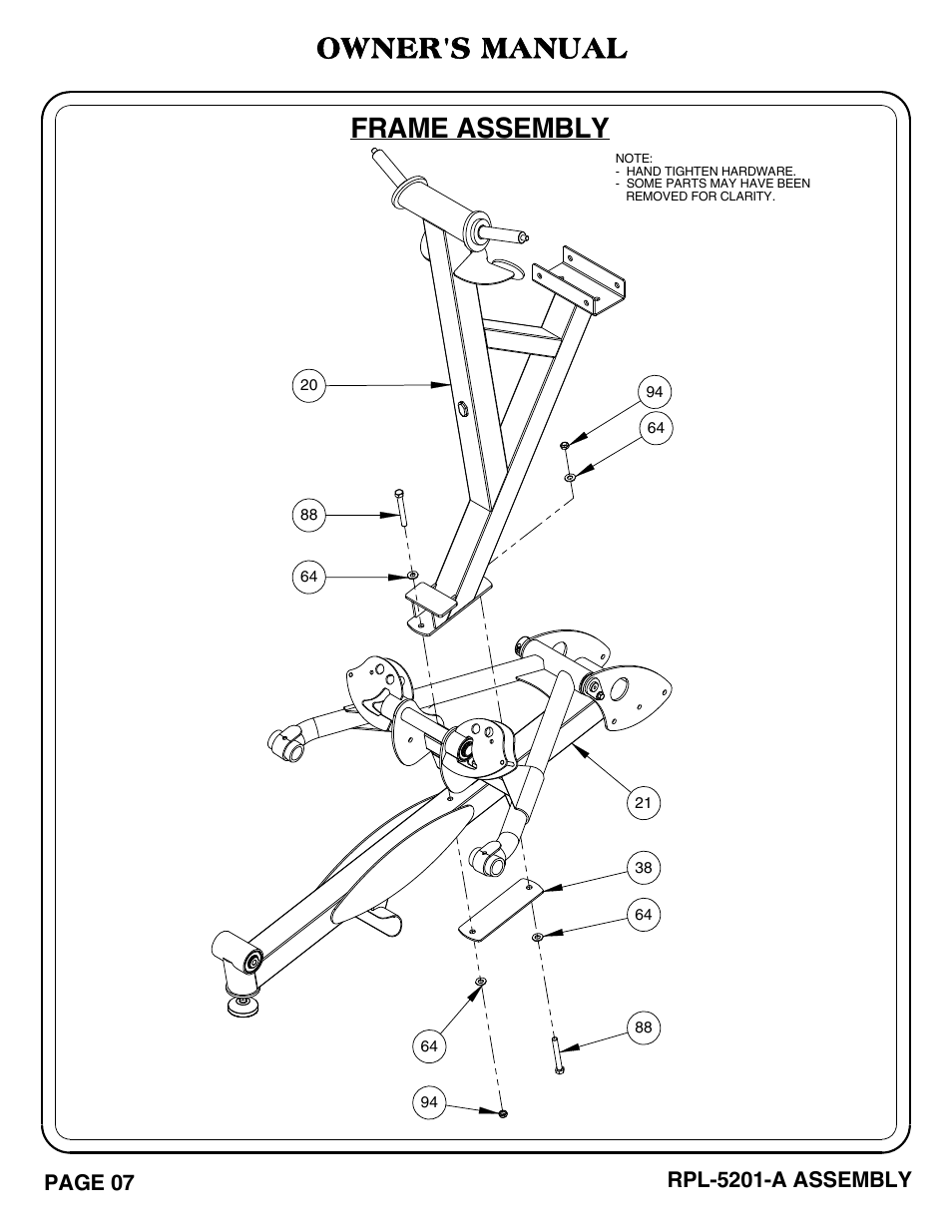 Frame assembly, Owner's manual | Hoist Fitness RPL-5201-A User Manual | Page 8 / 43